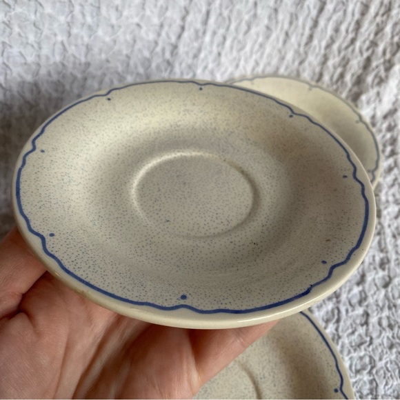 Vintage stoneware tea set tea cups & saucers white geese with bows speckled - Picture 10 of 16